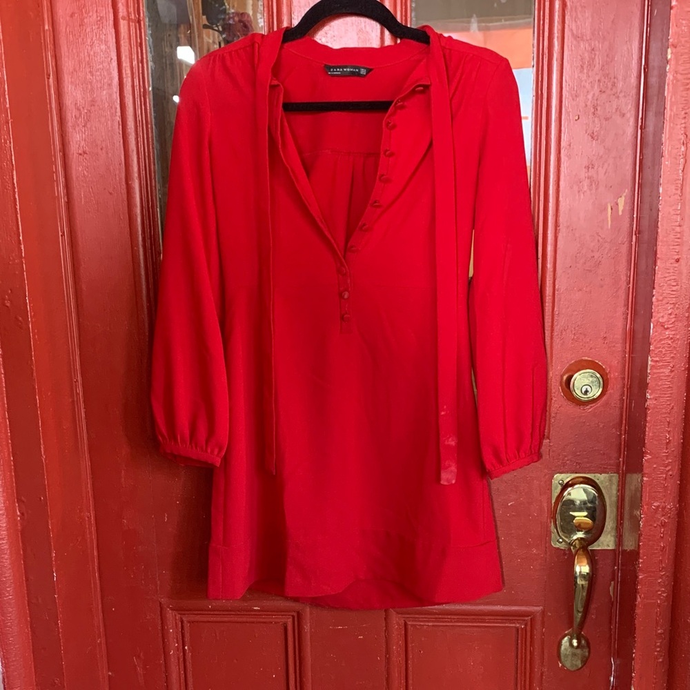 Zara Bold Red Blouse with Tie Neck